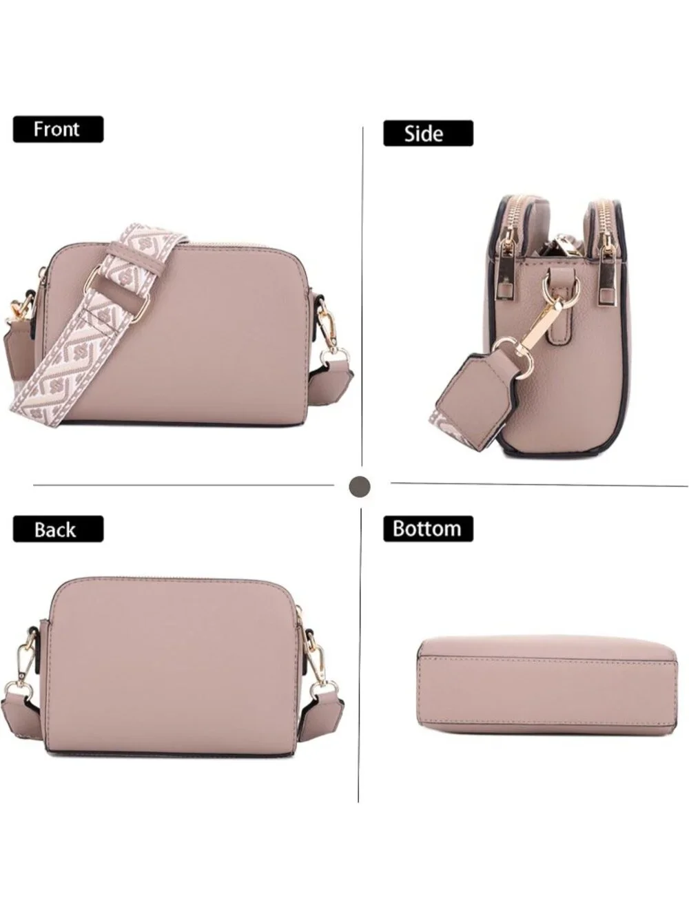 Women's Taupe Trendy Triple Zip Small Crossbody Bag Purse with Guitar Strap
